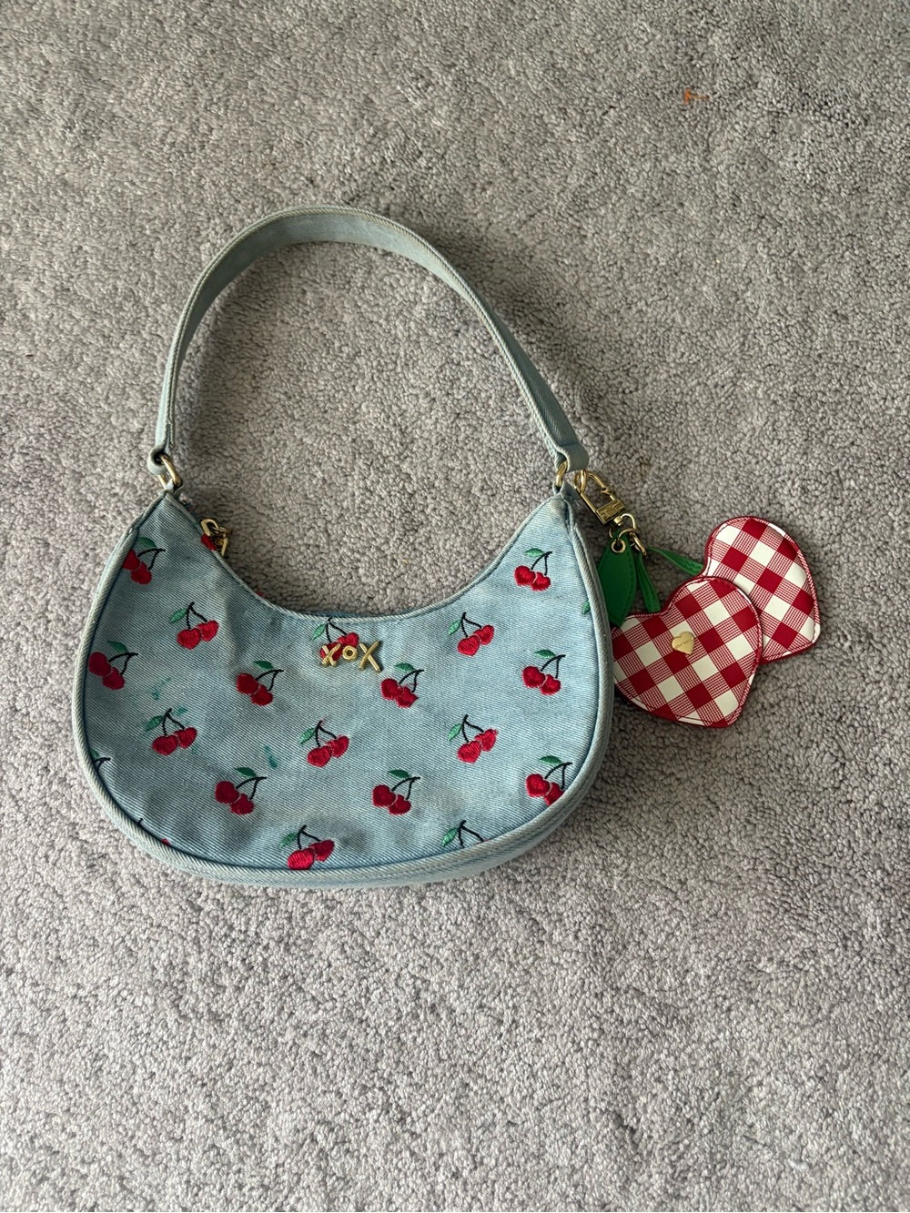Betsey Johnson Cherry Embroidered Denim Shoulder Bag